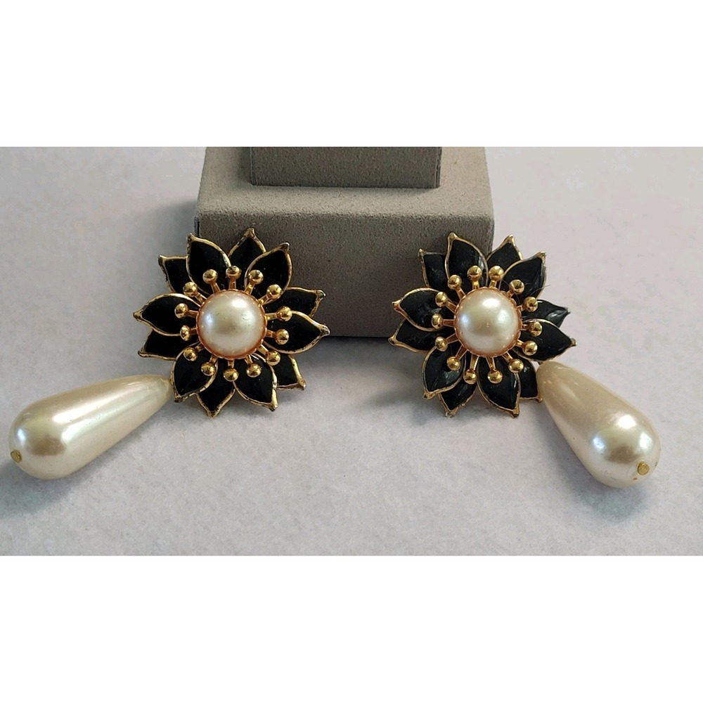 Black Enamel Faux Pearl Clip On Earrings Gold Tone Floral Statement Dangle
